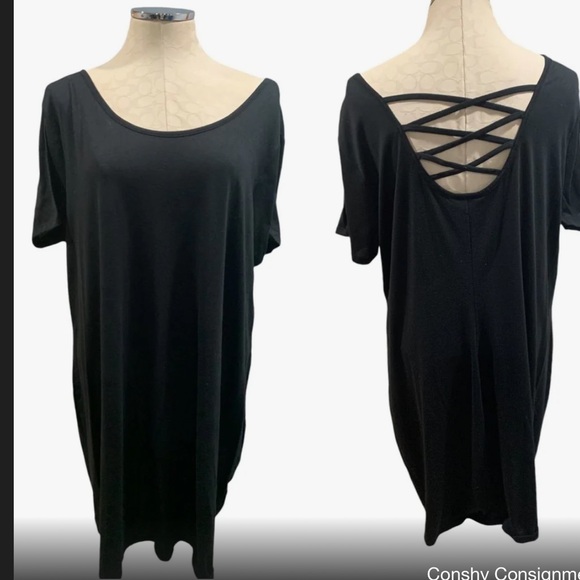 2X Black Tshirt Dress Lattice Detail - Picture 1 of 4